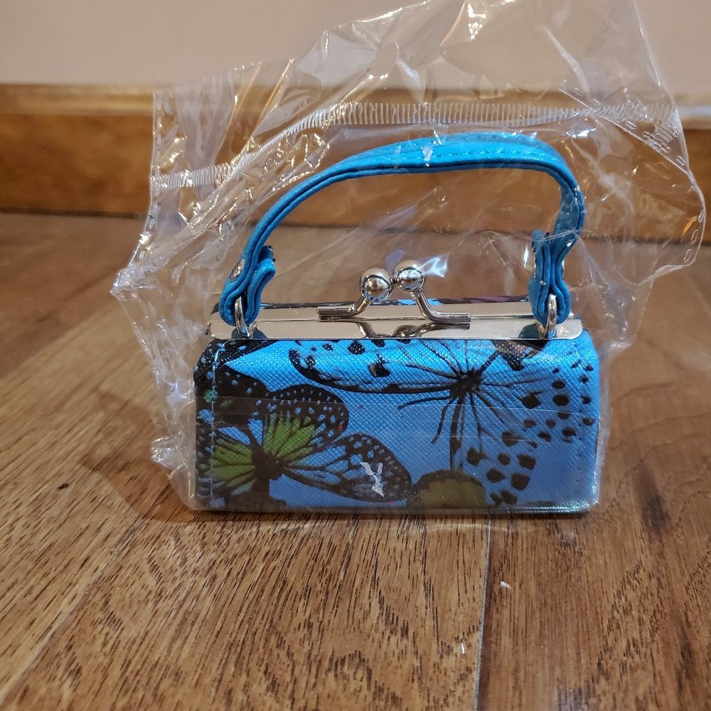 NIP blue butterfly lipstick purse 4" tic tok B10